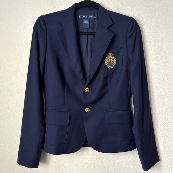 Ralph Lauren Wool Logo Crest Embellished Button Front Navy Blue Blazer - Picture 1 of 13